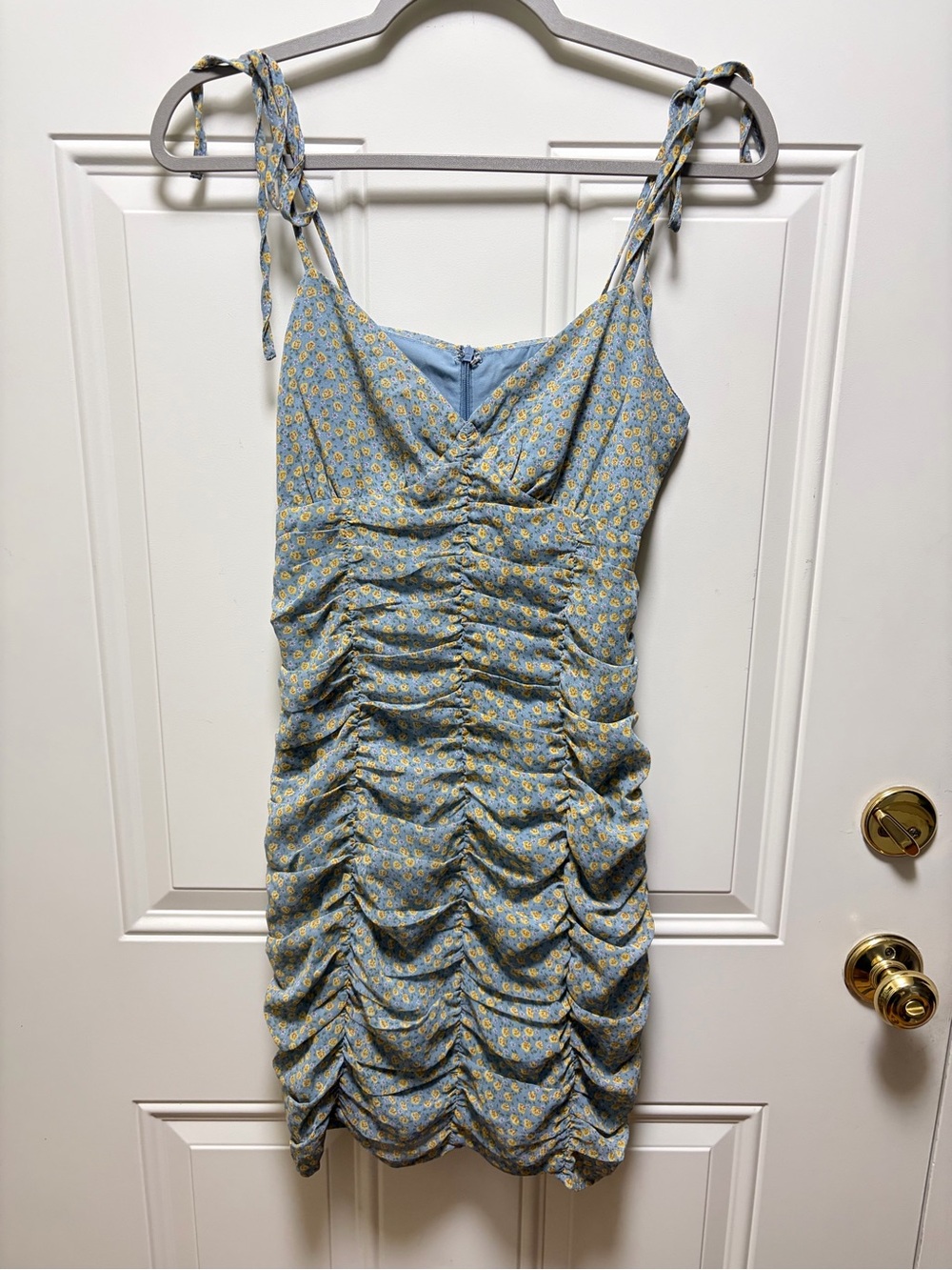 Storia Blue and yellow ditsy floral Rushed bodyon mini dress  tie strap S
